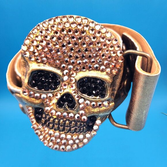 Bridget Shuster 2004 Skull Belt Gold Studded Leather Rhinestone w/ Skull Buckle - Picture 3 of 10